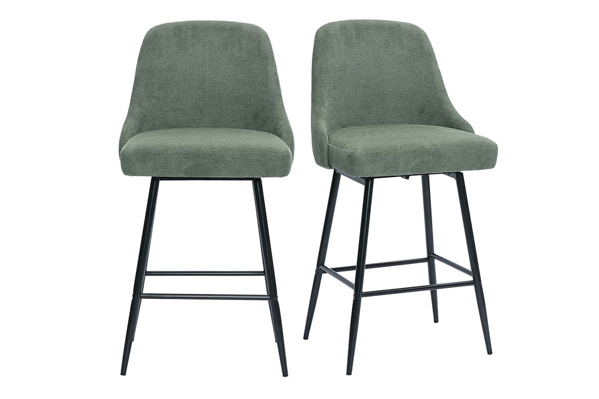 Deux tabourets HASTA en tissu vert kaki et m�tal noir, vue de face et 3/4.
