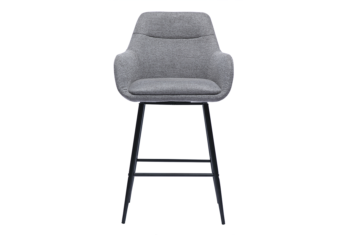 Tabouret gris avec dossier rembourr� et pieds noirs, vue de face.