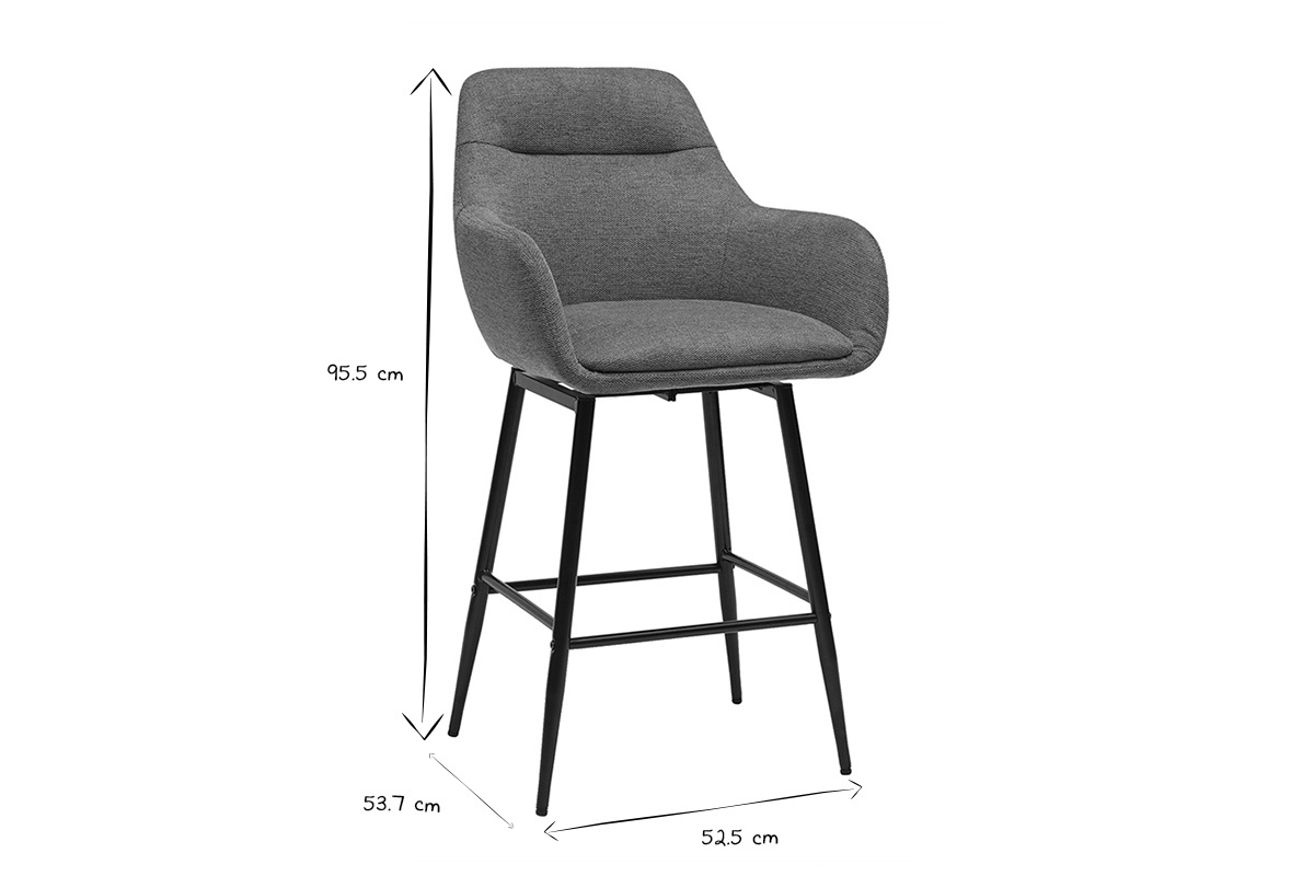 Dimensions d'un tabouret de bar pivotant 360� en tissu et m�tal, en noir et blanc.