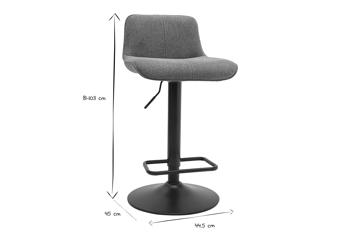 Dimensions d'un tabouret de bar pivotant en noir et blanc, H81-103 cm, L44.5 cm, P45 cm.