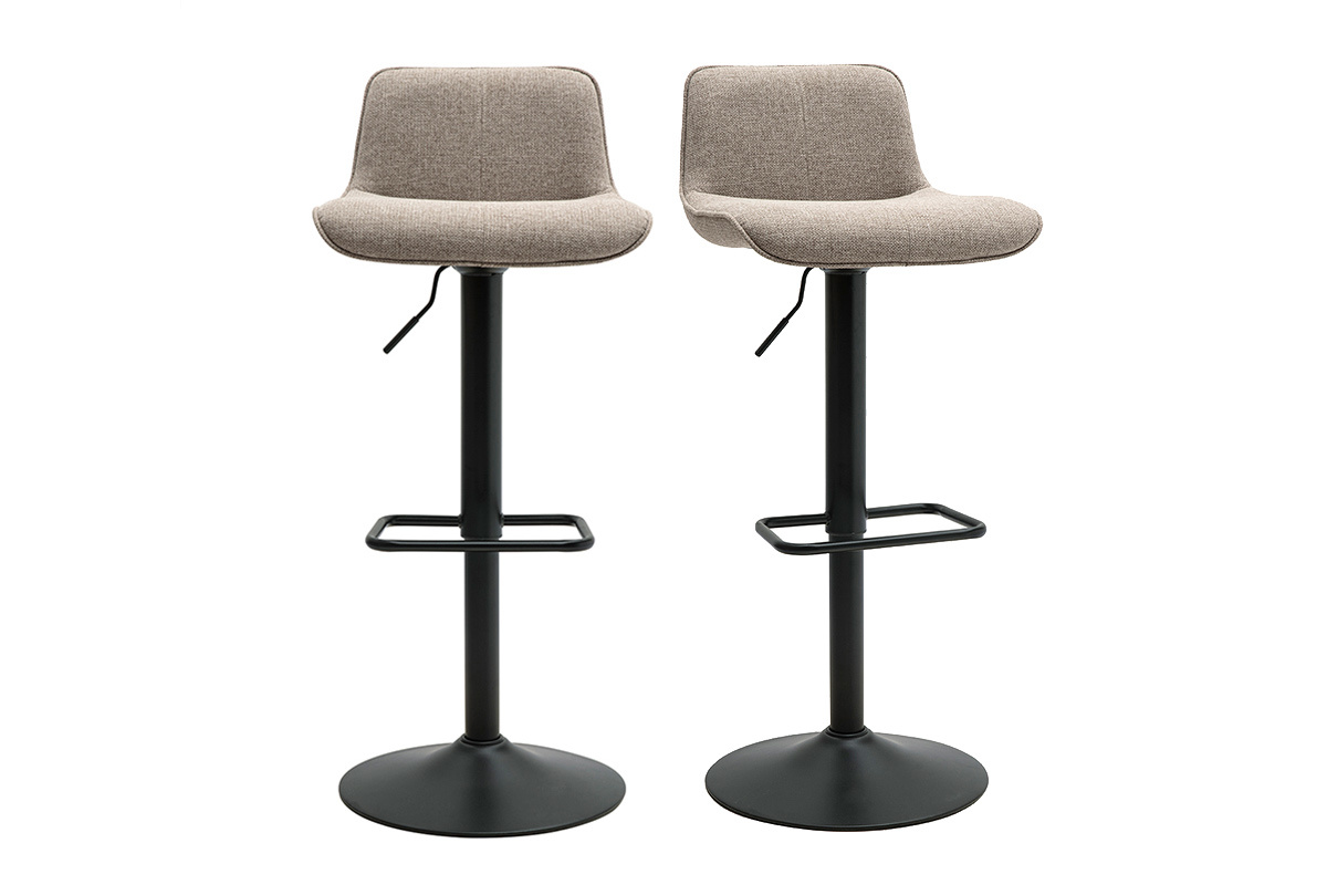 Deux tabourets de bar en tissu taupe et m�tal noir, vue de face.