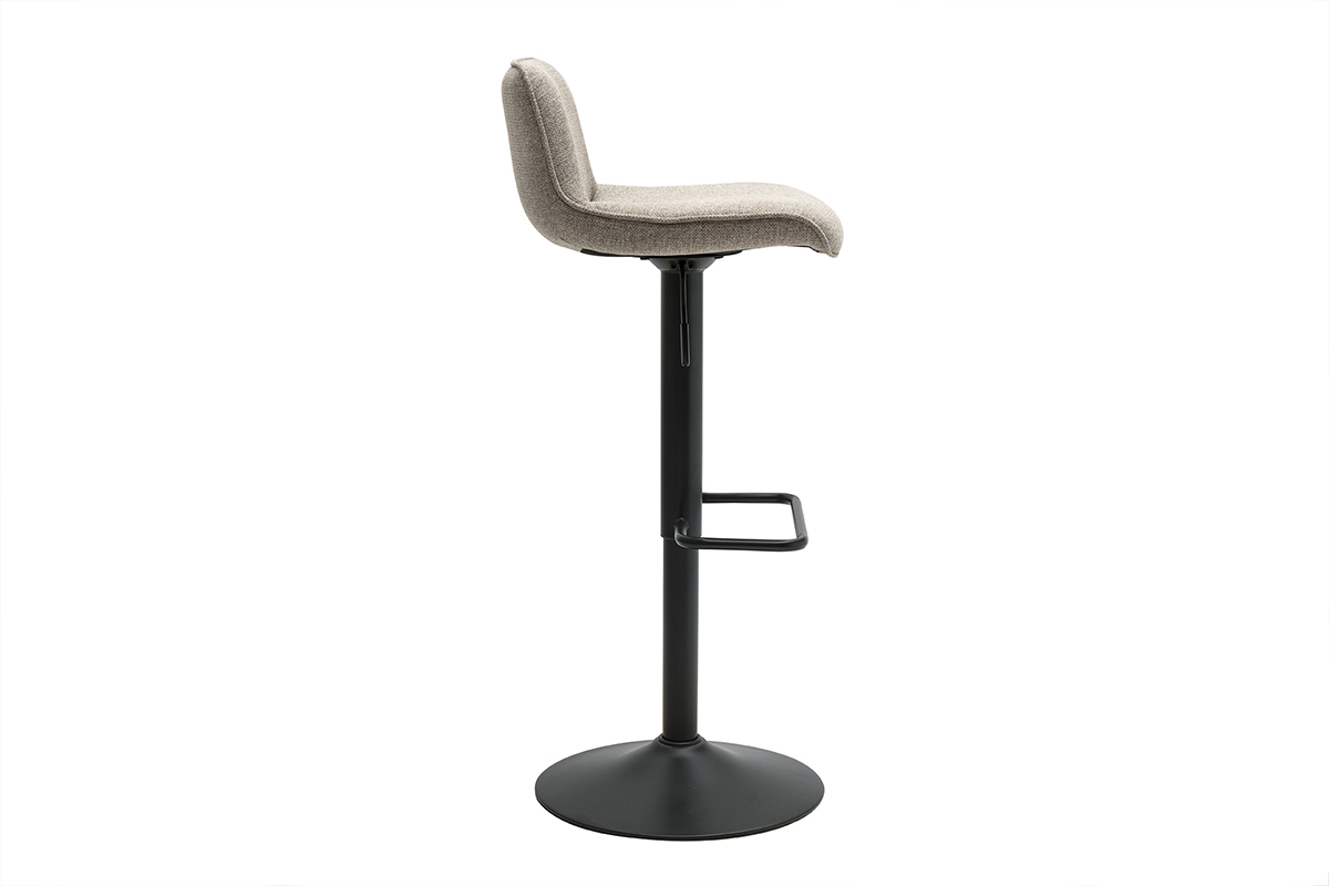 Tabouret de bar en tissu taupe et m�tal noir, vue de profil.
