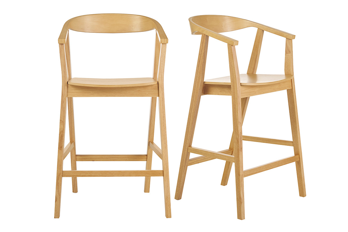 Tabourets de bar scandinaves BAHIA en bois clair, vue avant et de profil.