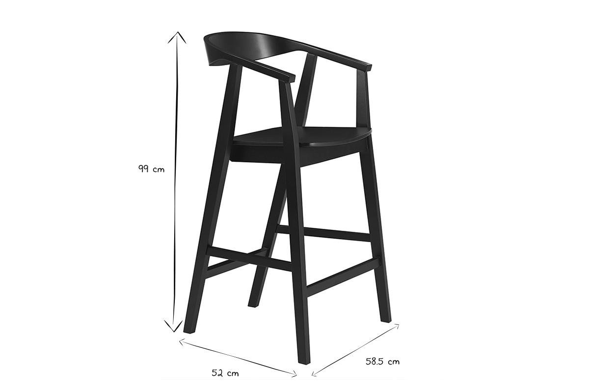 Dimensions du tabouret de bar BAHIA en bois noir, vue de c�t�, noir et blanc.