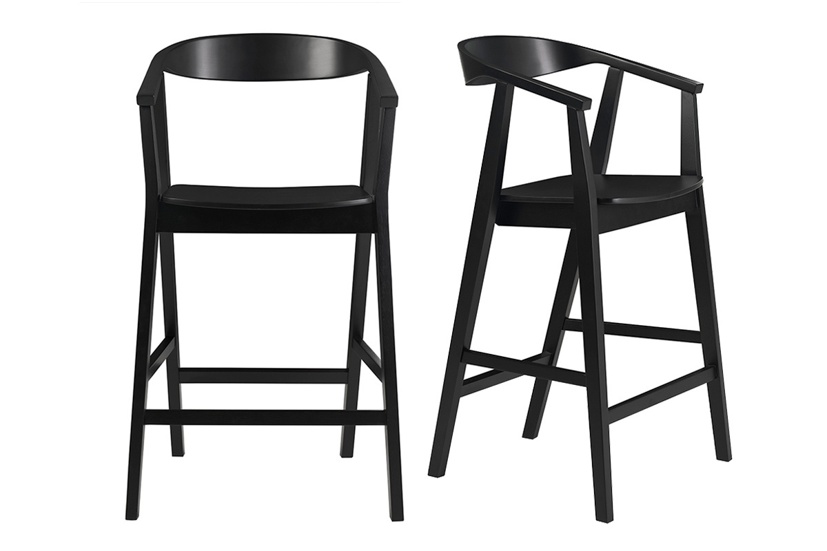 Tabourets de bar scandinaves en bois noir BAHIA, vue de face et profil.