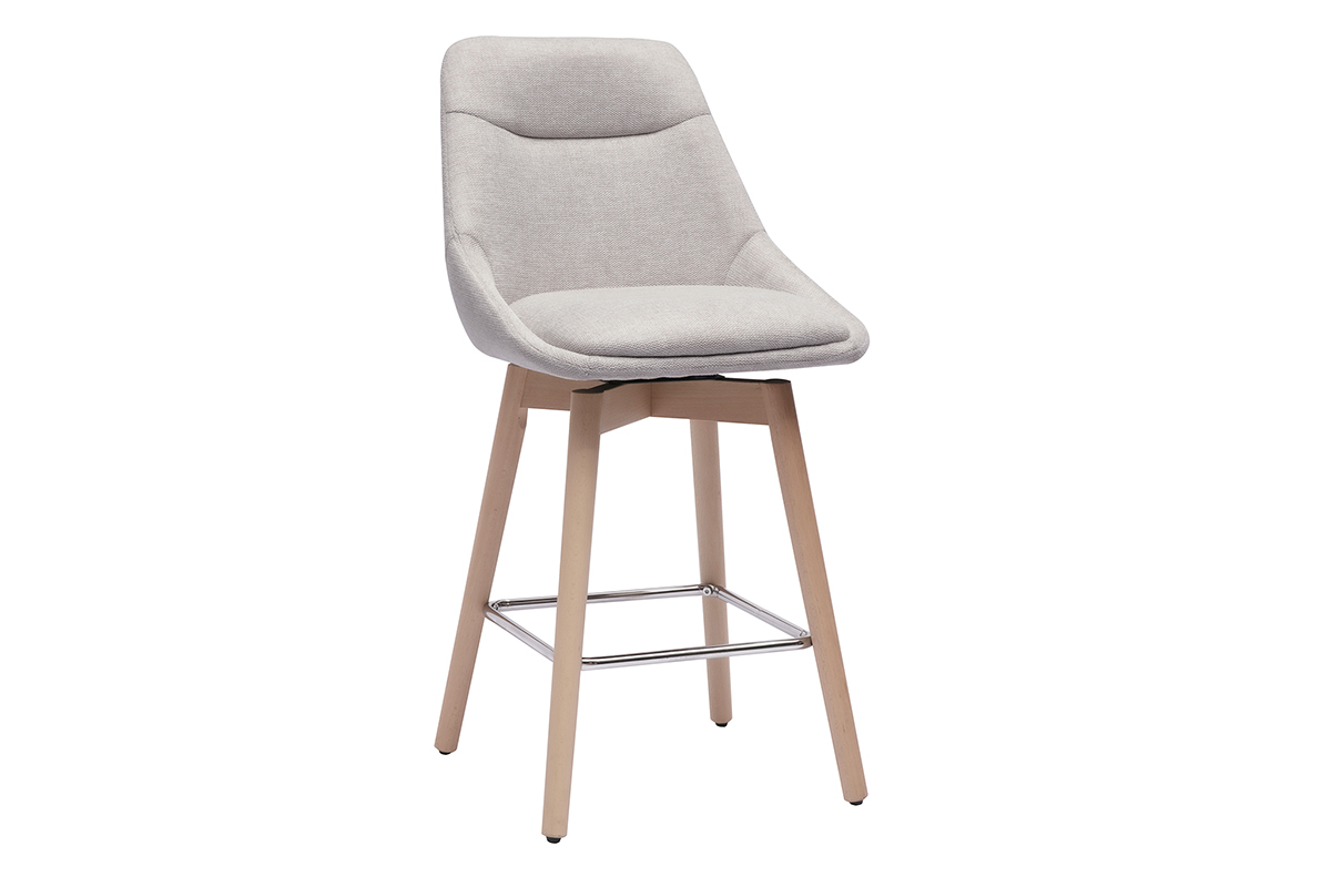 Tabouret de bar scandinave beige vue 3/4, bois clair, tissu effet velours.