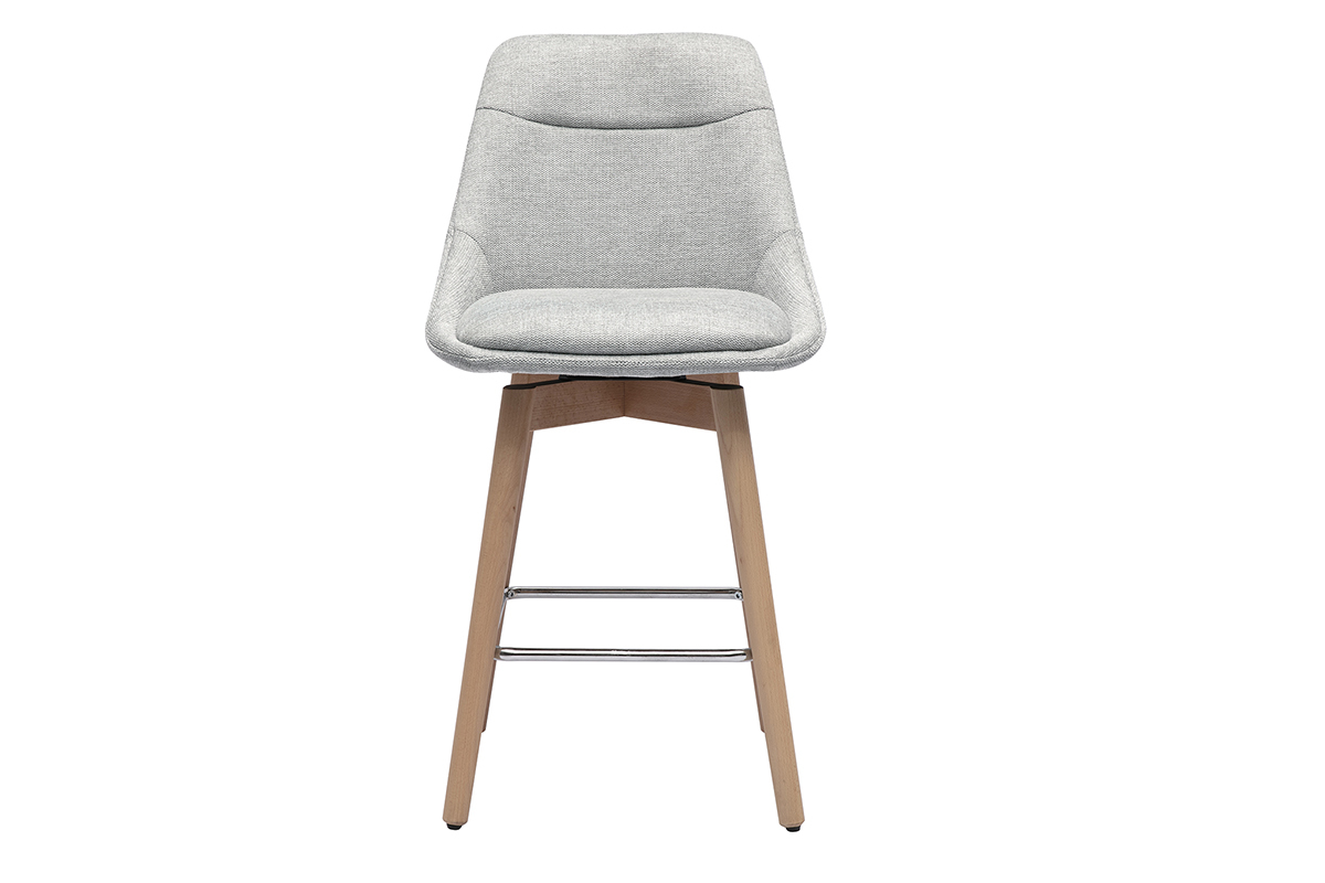 Tabouret de bar gris, pieds bois clair, vue de face.