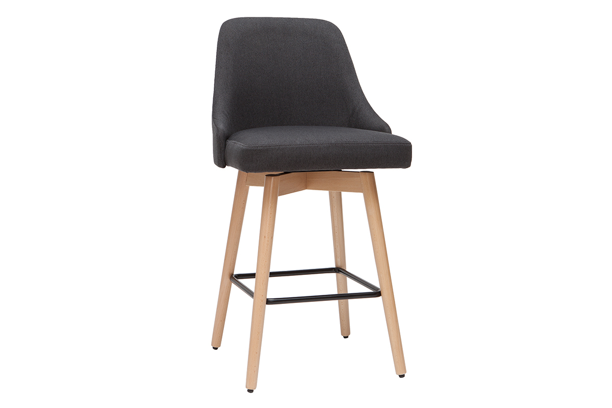 Tabourets de bar scandinaves pivotants 360� en tissu gris fonc� et bois h�tre massif H65 cm (lot de 2) HASTA