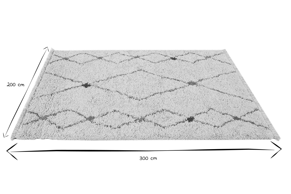 Tapis rectangulaire � motifs losanges 200x300 cm en noir et blanc, vue de dessus.