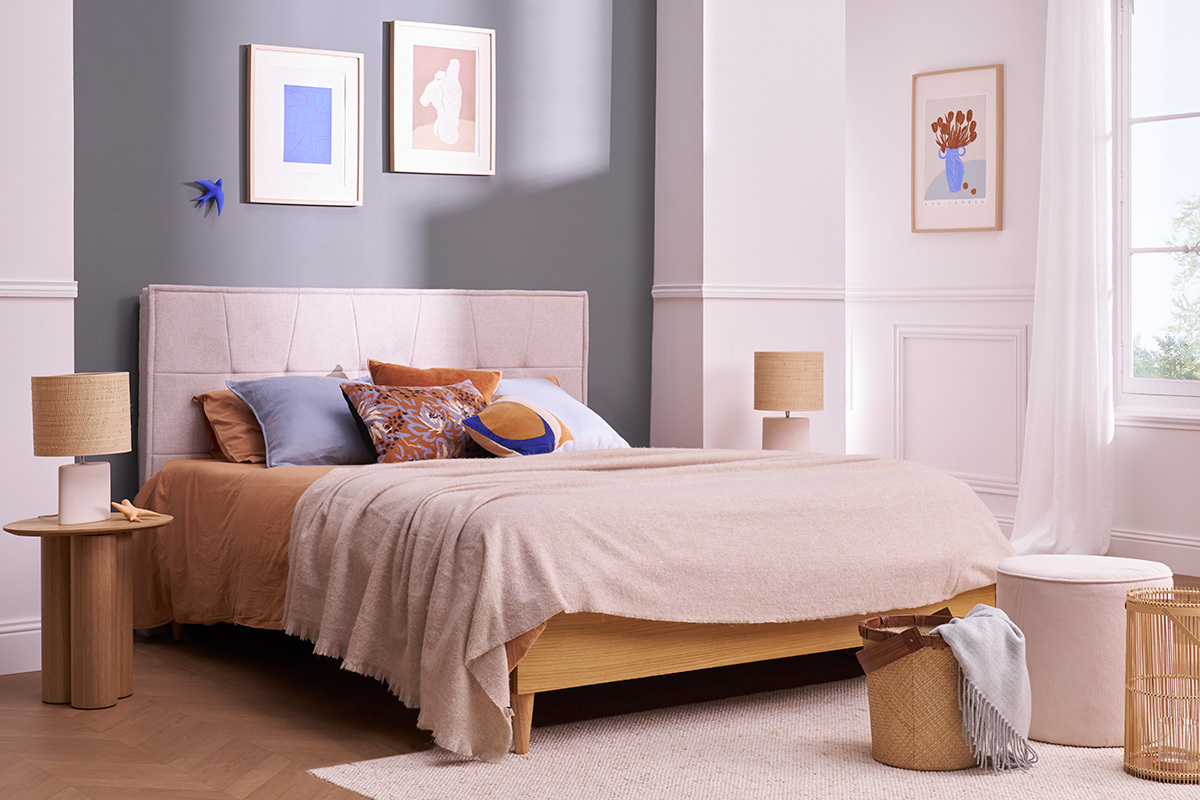 T�te de lit en tissu gris L170 cm SUKA